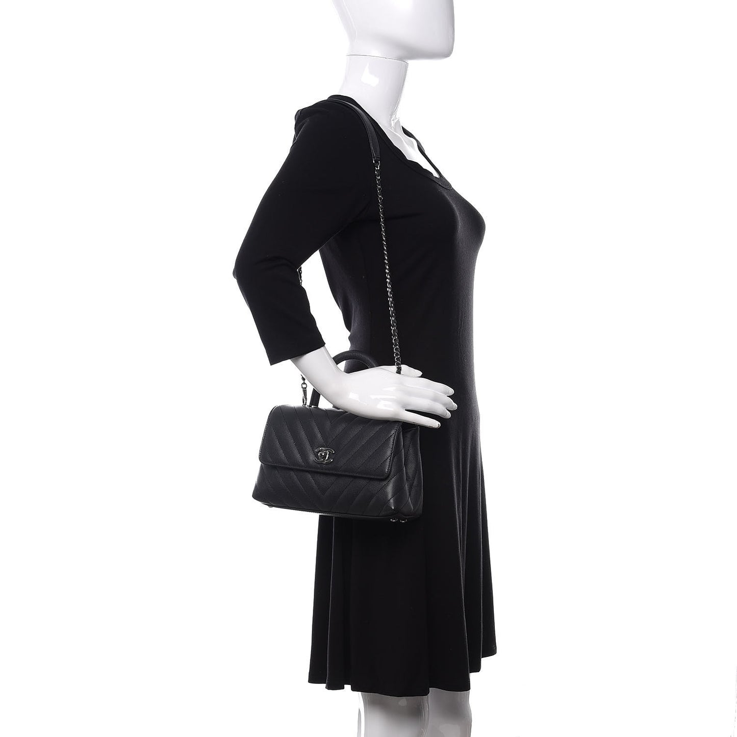Caviar Chevron Quilted Mini Coco Handle Flap Dark Grey