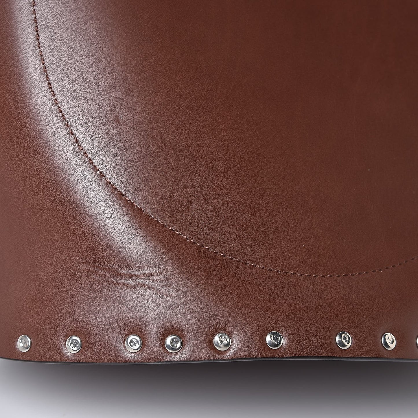 Satinated Natural Calfskin Large Studs Bucket Shoulder Bag Dark Brown