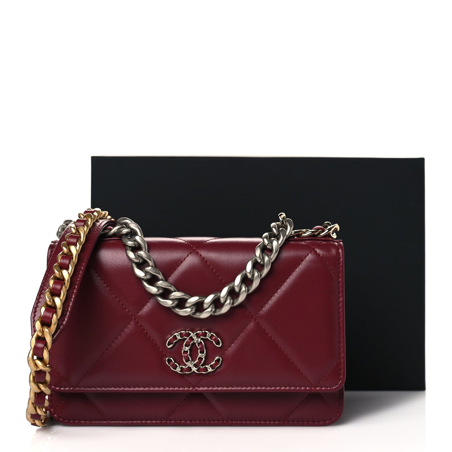 Lambskin Quilted Chanel 19 Wallet On Chain WOC Burgundy