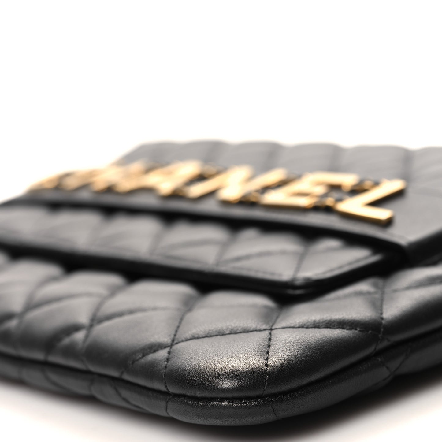 Calfskin Quilted Front Logo Enchained Clutch Black