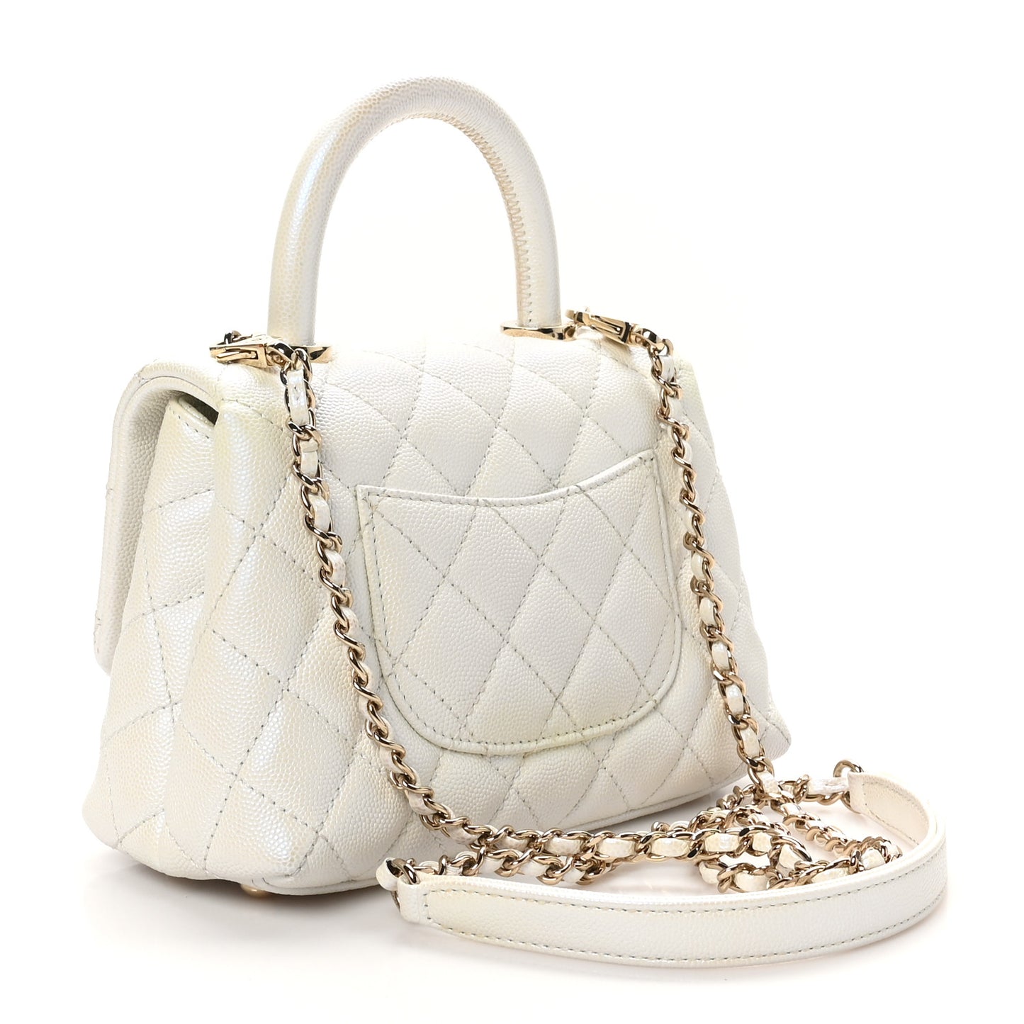 Iridescent Caviar Quilted Extra Mini Coco Handle Flap White