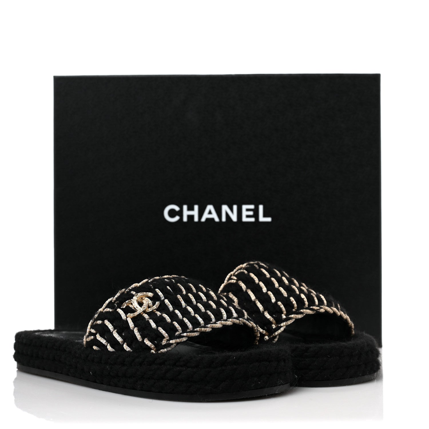 Chanel Braided Knit CC Mules 36 Black Gold 8 of 9