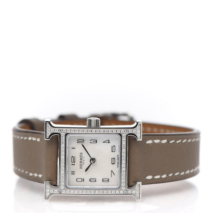 Hermes Stainless Steel Swift Diamond Bezel Mother of Pearl 17.2mm Heure H Hour Quartz Watch Etoupe 3 of 7