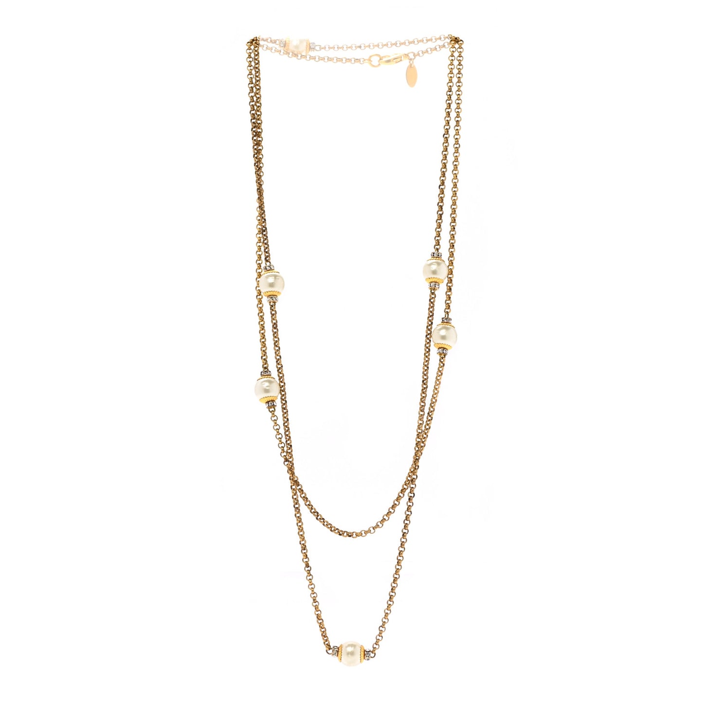 Crystal Pearl Long Necklace Gold