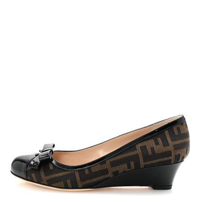 Fendi Zucca Vernice Zeppa Wedge Pumps 38 Tobacco Black 1 of 9