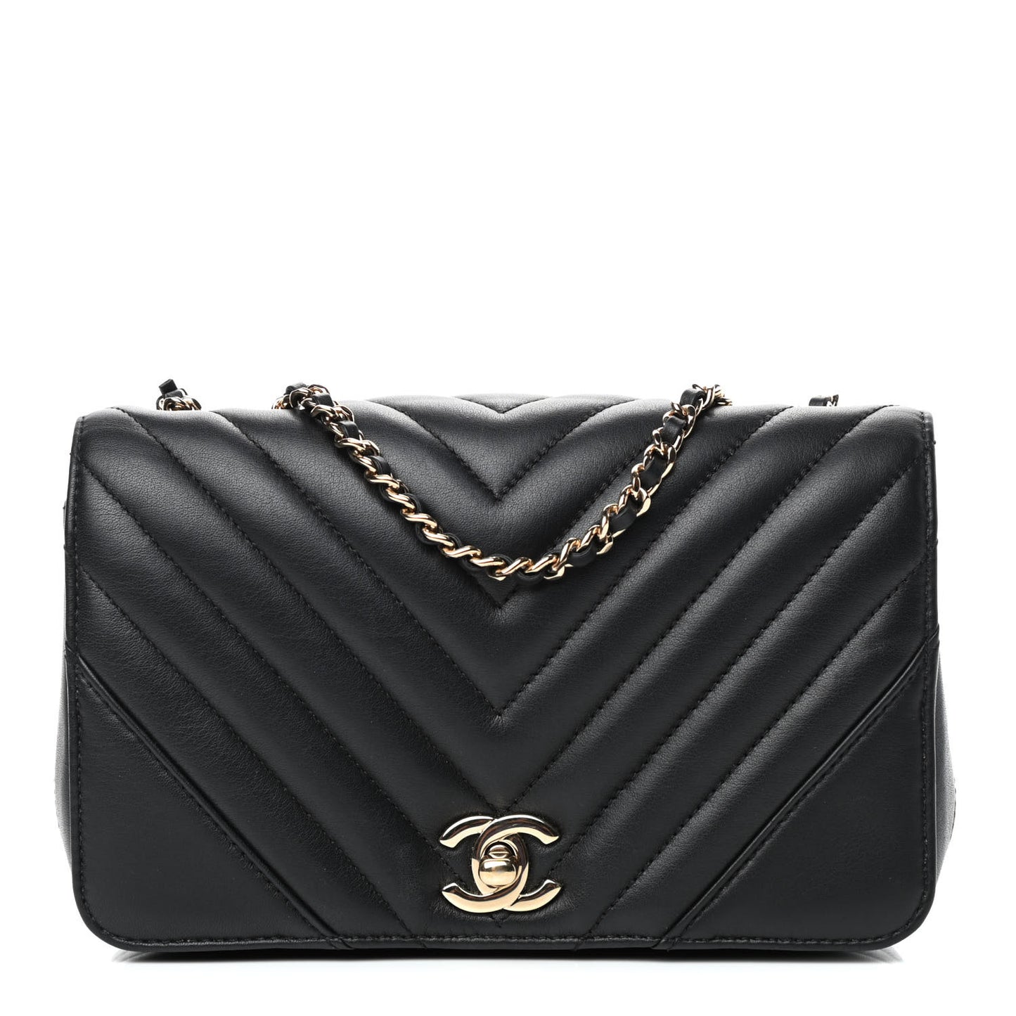 Calfskin Chevron Quilted Mini Statement Flap Black