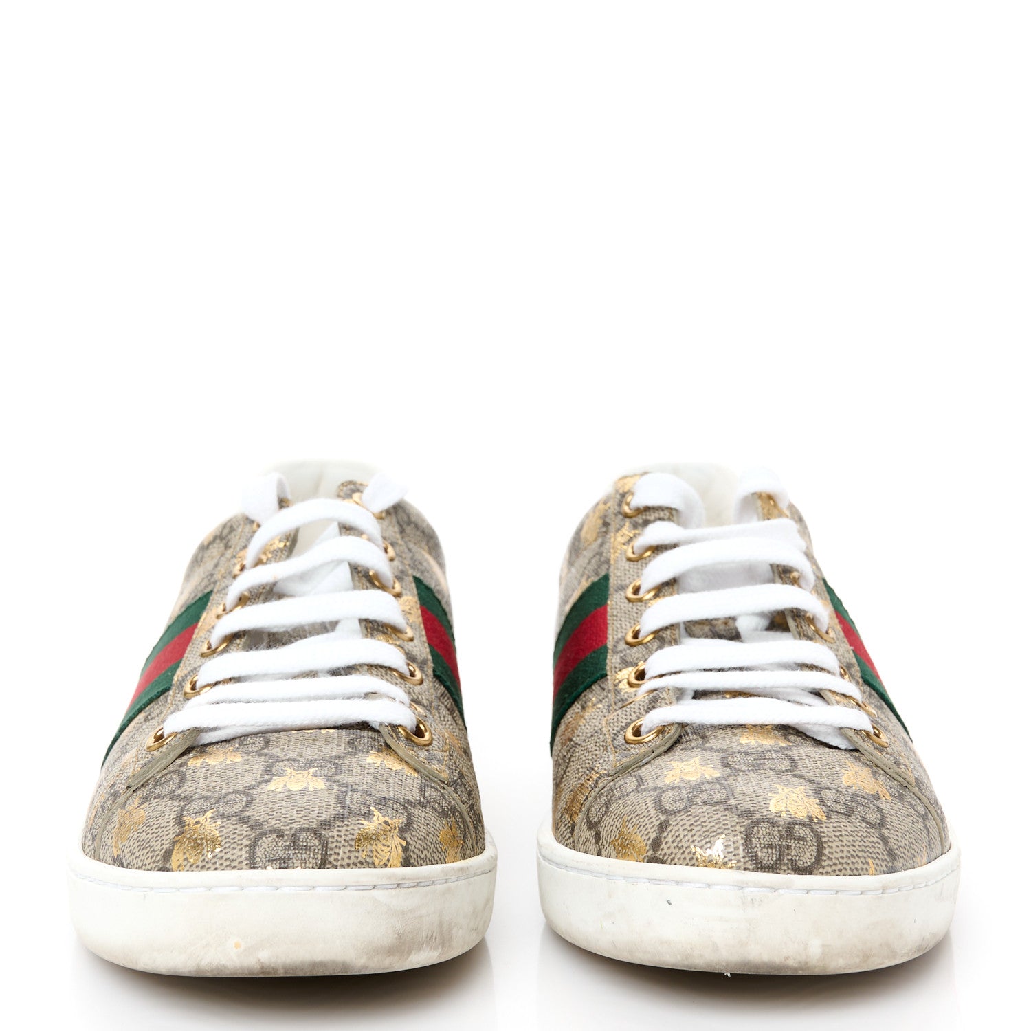 Gucci GG Supreme Monogram Bees Ayers Web Womens Ace Sneakers 37 Beige Oro Green Red 3 of 10