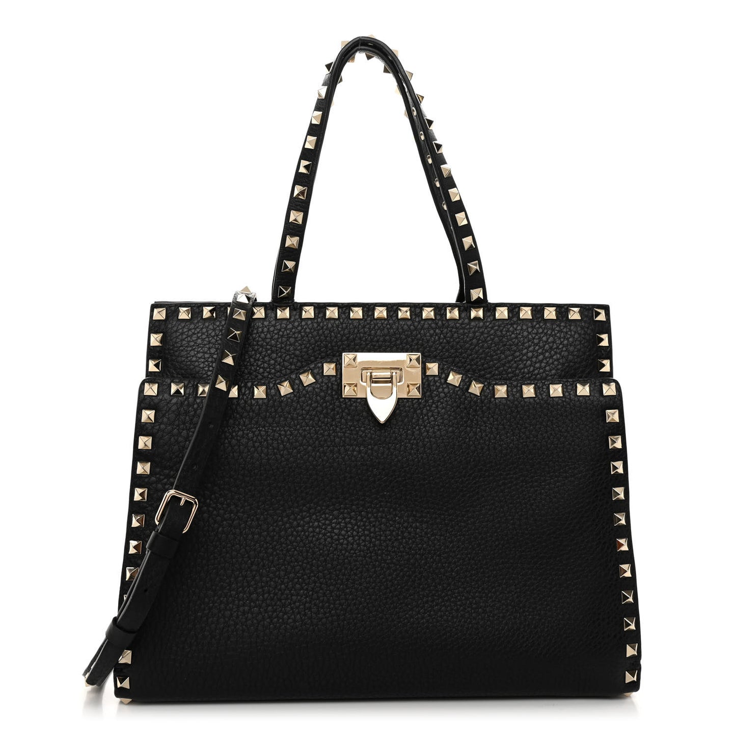 VALENTINO GARAVANI Grained Calfskin Rockstud Flip Lock Tote Black