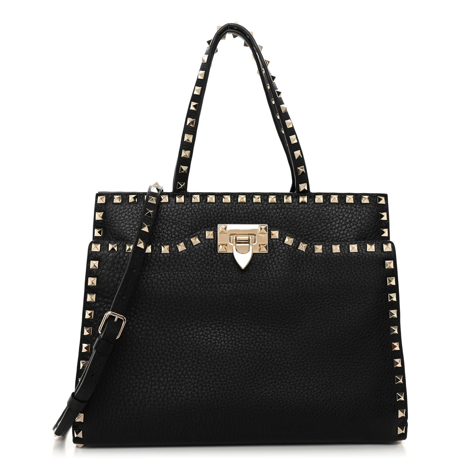 Valentino Garavani VALENTINO GARAVANI Grained Calfskin Rockstud Flip Lock Tote Black 1 of 11