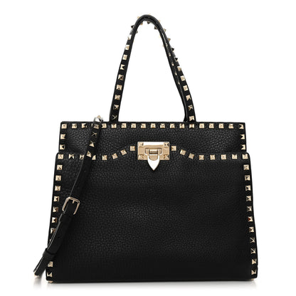 Valentino Garavani VALENTINO GARAVANI Grained Calfskin Rockstud Flip Lock Tote Black 1 of 11