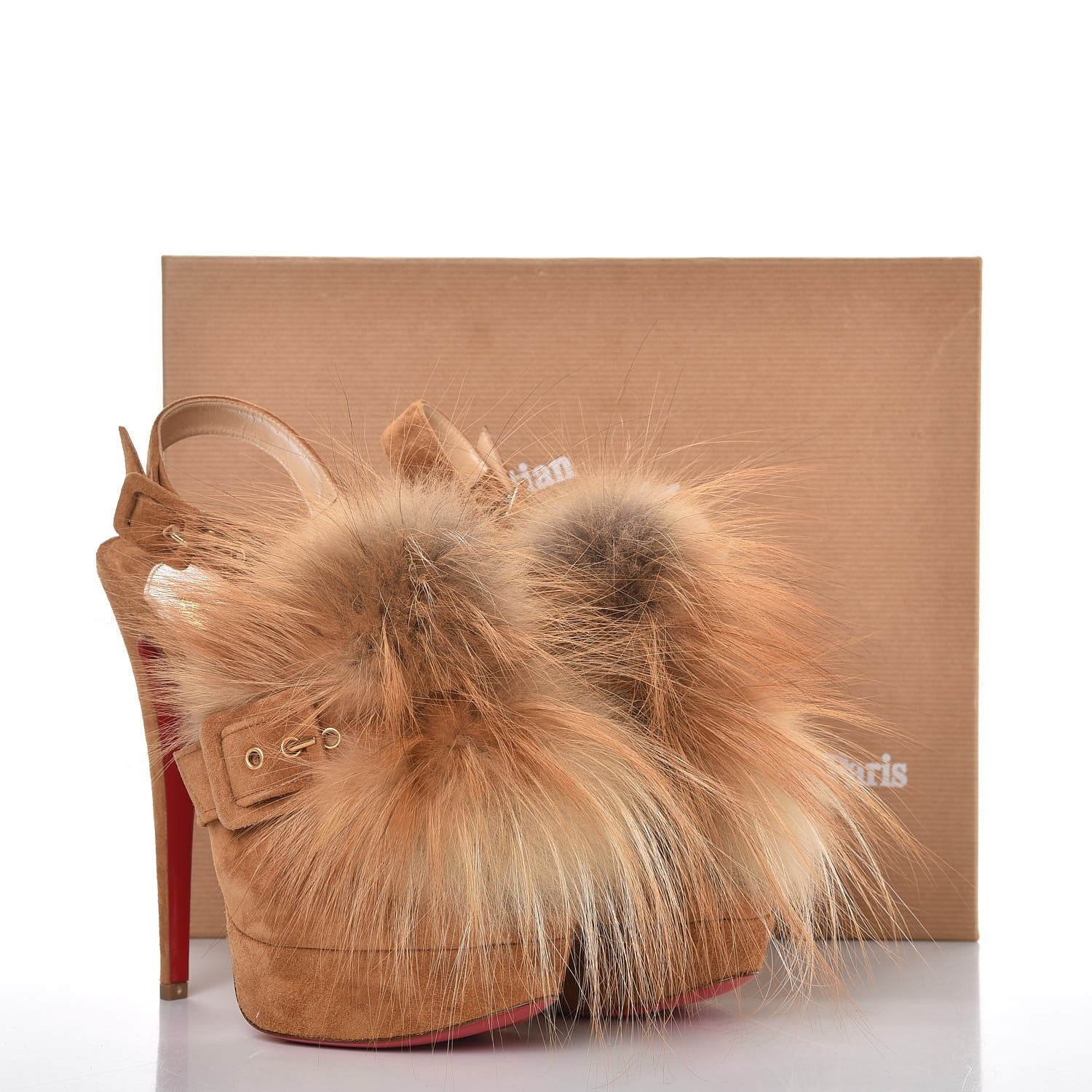 Christian Louboutin Suede Fox Fur Splash 150 Pumps 38 Camel 274272