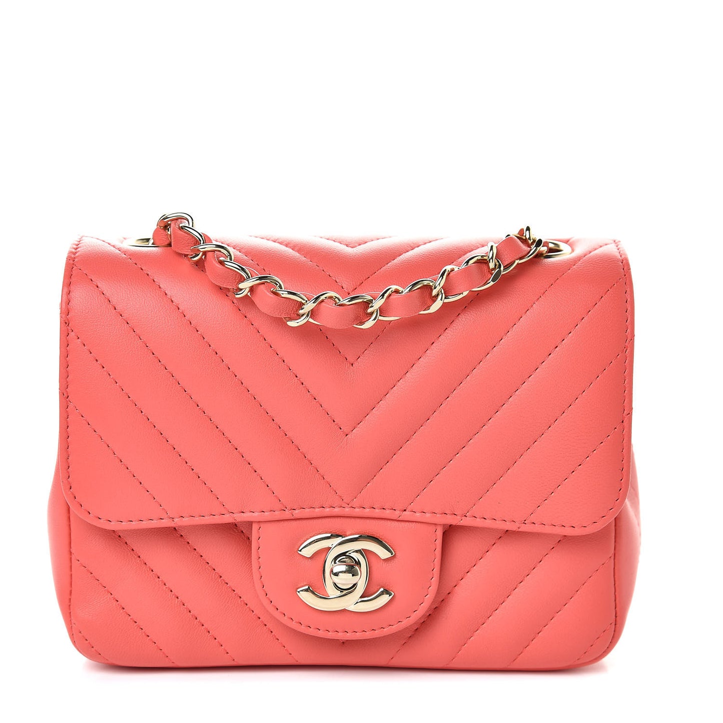 Lambskin Chevron Quilted Mini Square Flap Coral