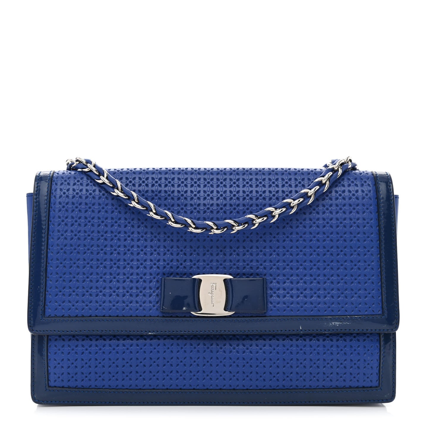 Perforated Calfskin Patent Ginny Bow Crossbody Bag Blue