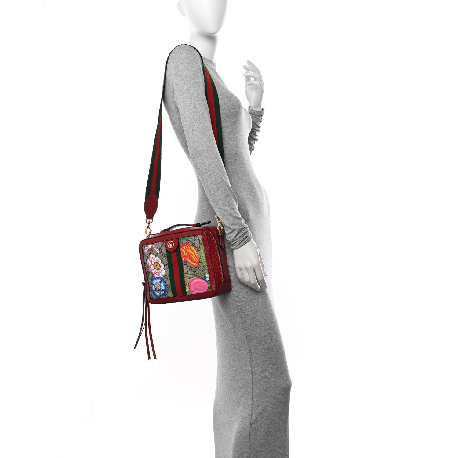 Gucci GG Supreme Monogram Flora Web Small Ophidia Top Handle Shoulder Bag Hibiscus Red 2 of 11