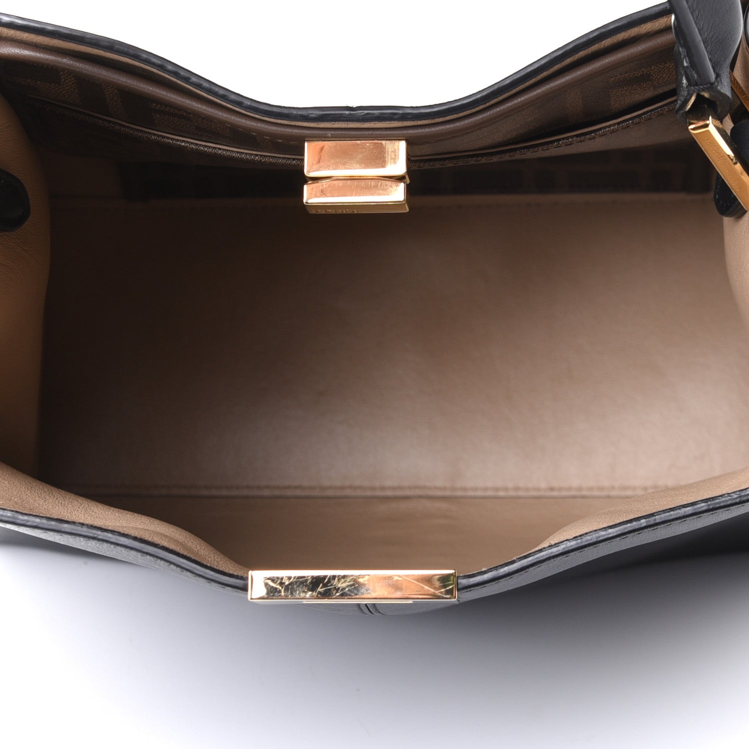 Fendi Vitello Seta Glazed Fabric FF 1974 Medium Peekaboo X-Lite Black Mogano Panna 4 of 5