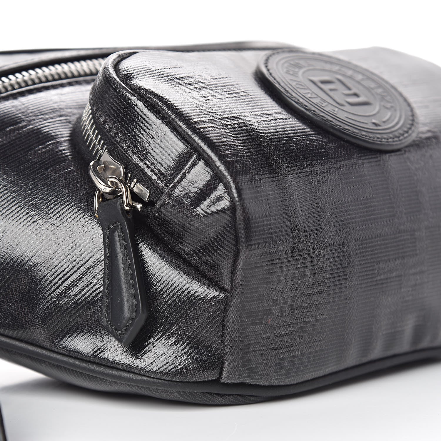 Fendi Glazed Fabric Vitello Century FF 1974 Stamp Patch Pocket Belt Bag Black 10 of 11