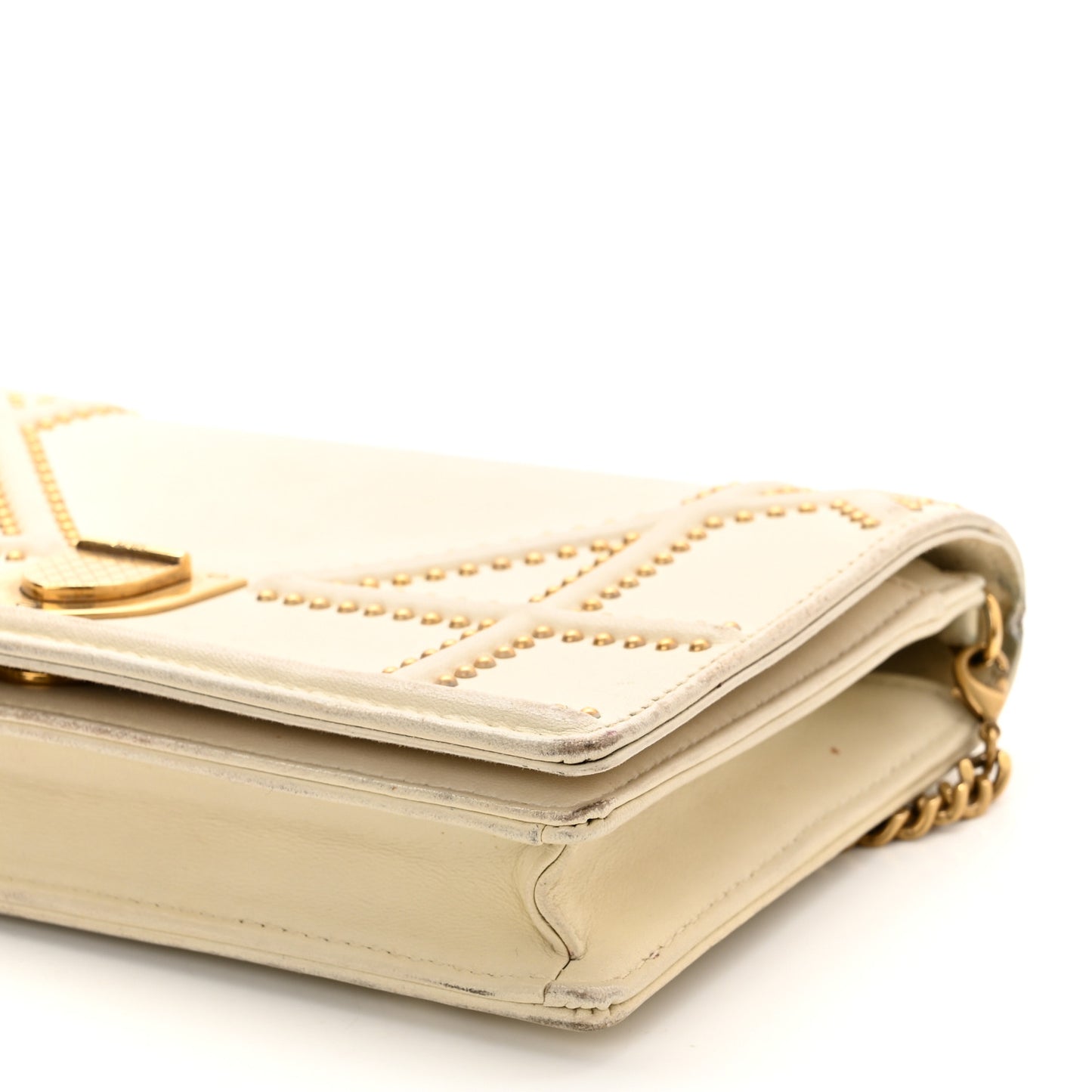 Lambskin Studded Diorama Wallet on Chain Pouch Off White