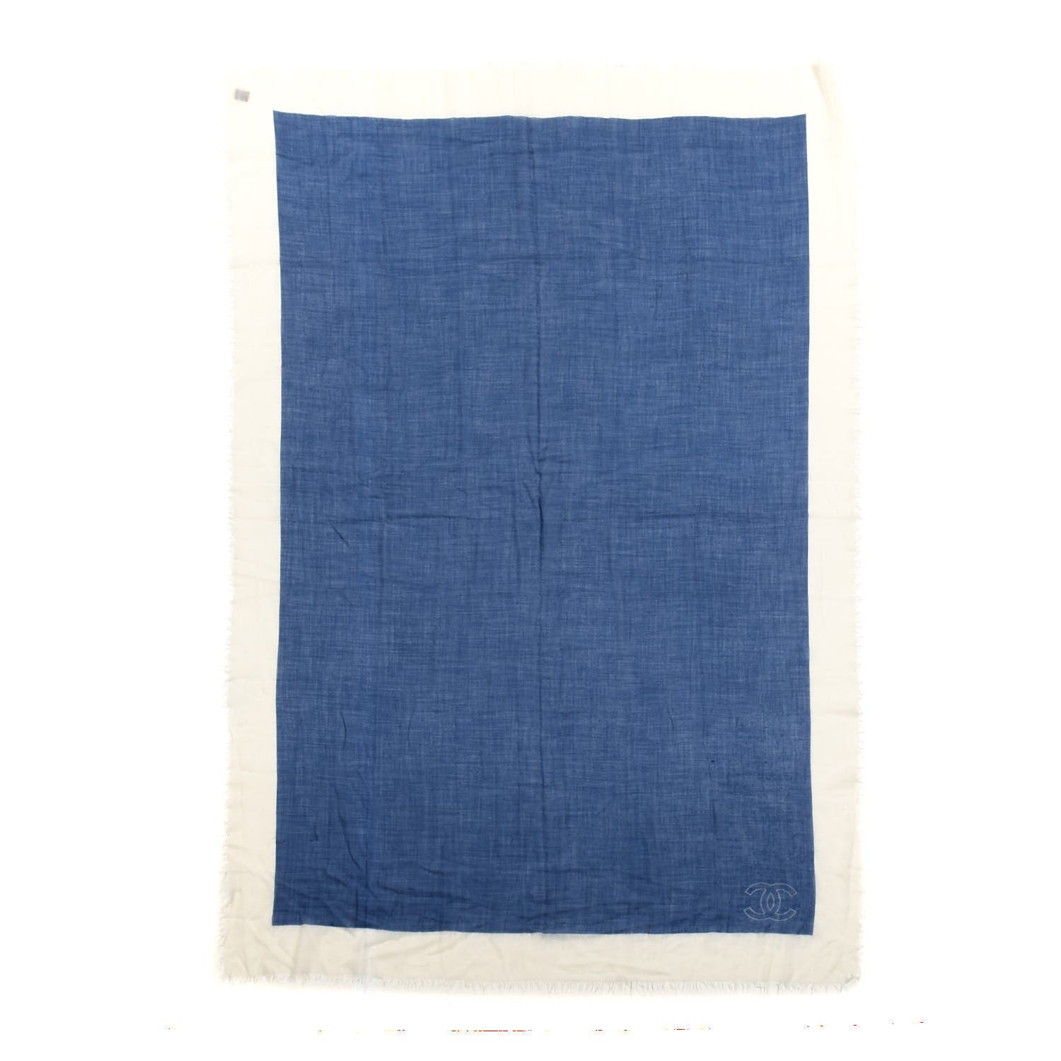 Chanel Cashmere Silk CC Fringe Scarf Blue White 1 of 3