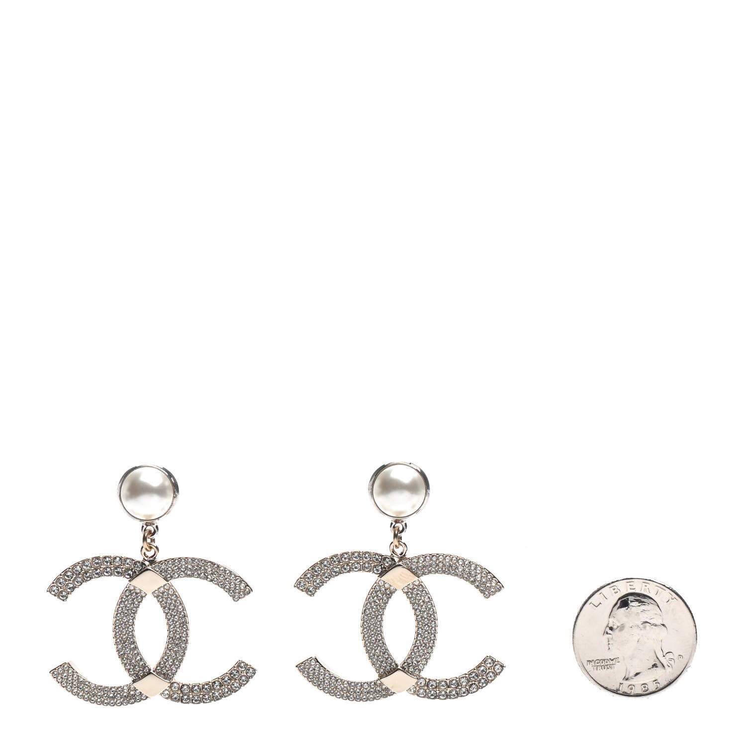 Chanel Crystal Pearl CC Drop Earrings Gold Silver 2 of 5