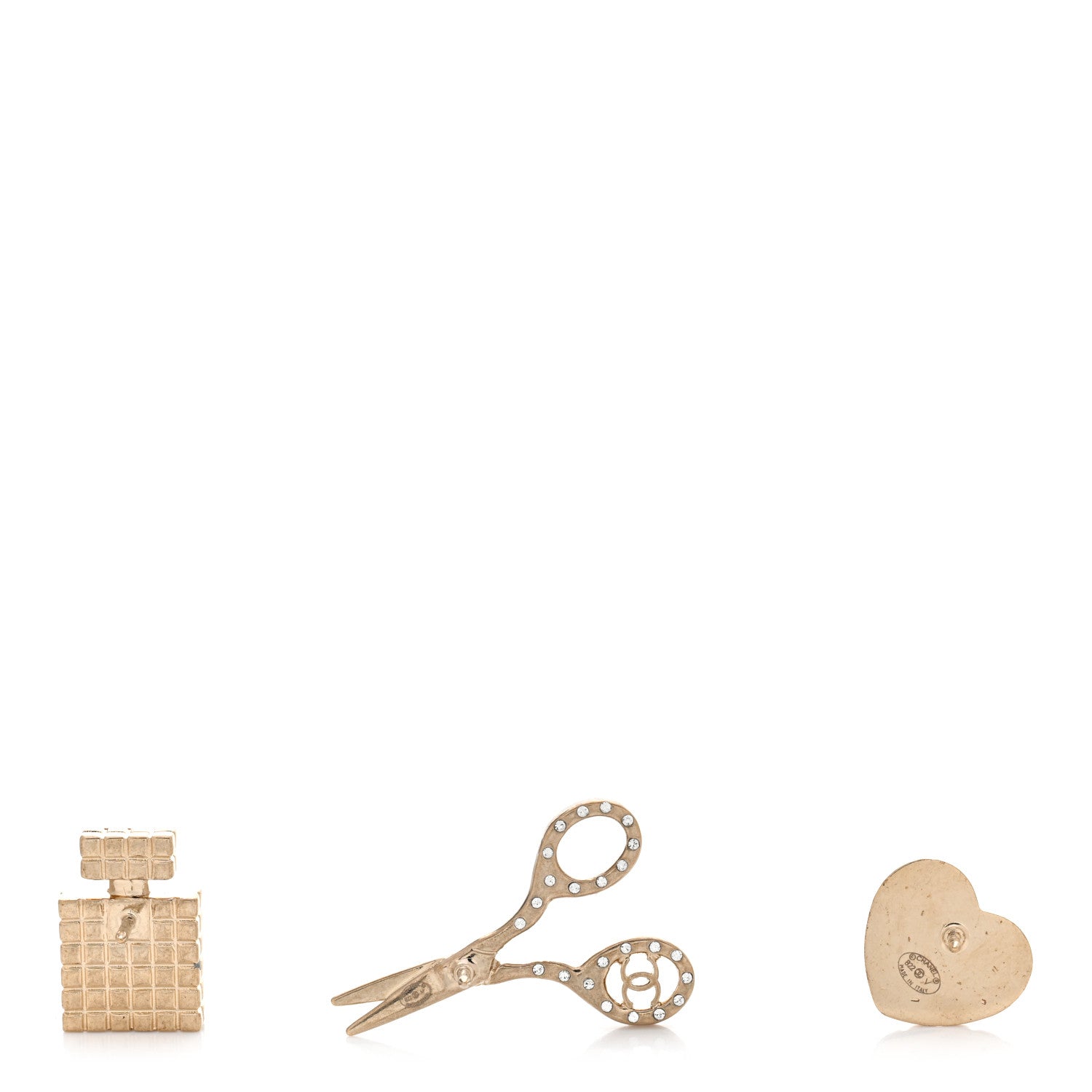 Chanel Metal Strass Crystal Quilted CC Heart Scissors Perfume Brooch Set Gold 3 of 5