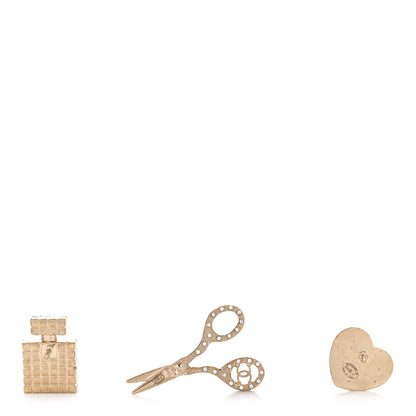Chanel Metal Strass Crystal Quilted CC Heart Scissors Perfume Brooch Set Gold 3 of 5