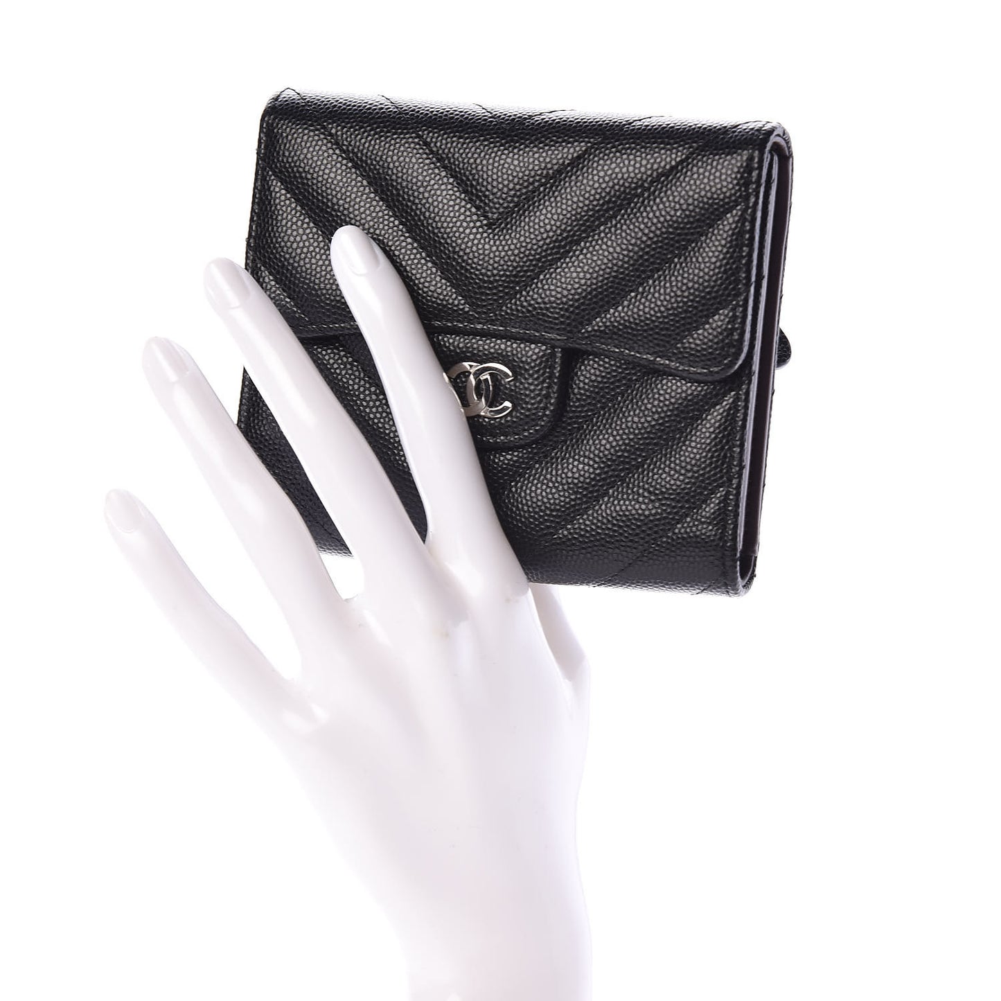 Caviar Chevron Quilted Compact Flap Wallet Black
