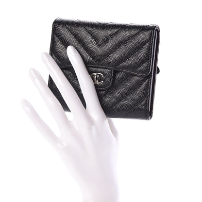 Chanel Caviar Chevron Quilted Compact Flap Wallet Black 2 of 9
