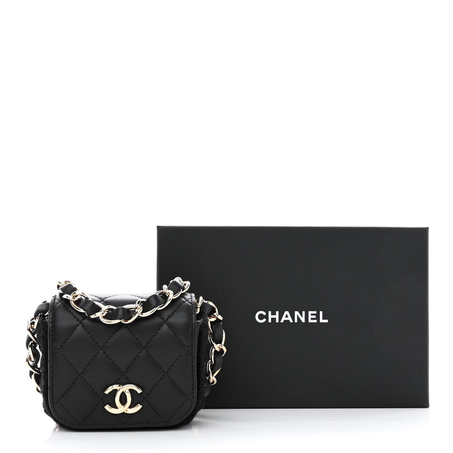 Calfskin Crochet Embroidered Quilted Mini Clutch with Chain Black