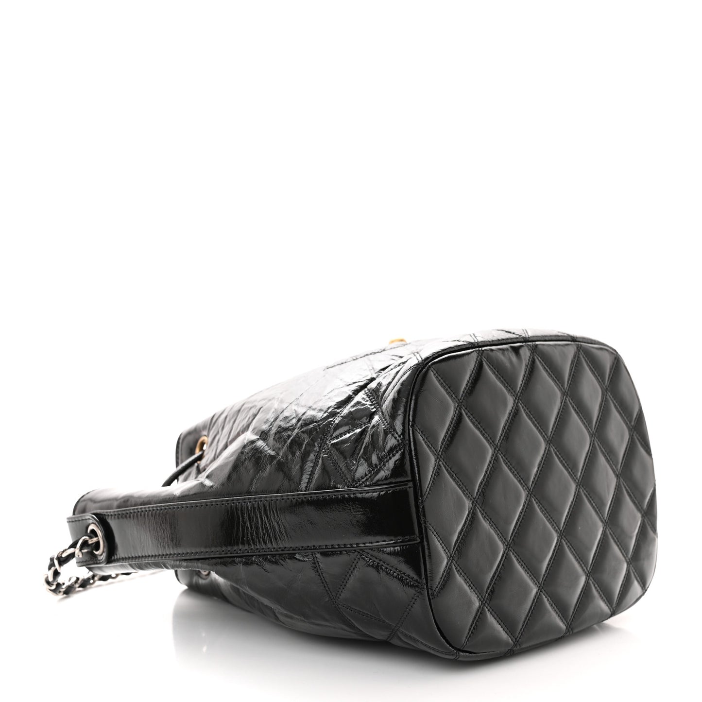 Shiny Aged Calfskin CC Chain Drawstring Bag Black