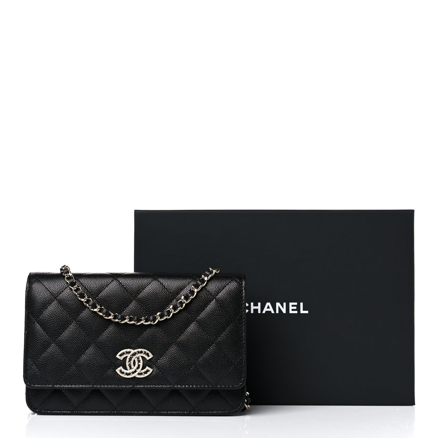 Caviar Quilted Crystal CC Wallet On Chain WOC Black