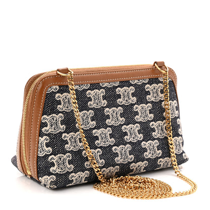 Celine Canvas Calfskin Triomphe Embroidered Clutch On Chain Navy Blue 3 of 11