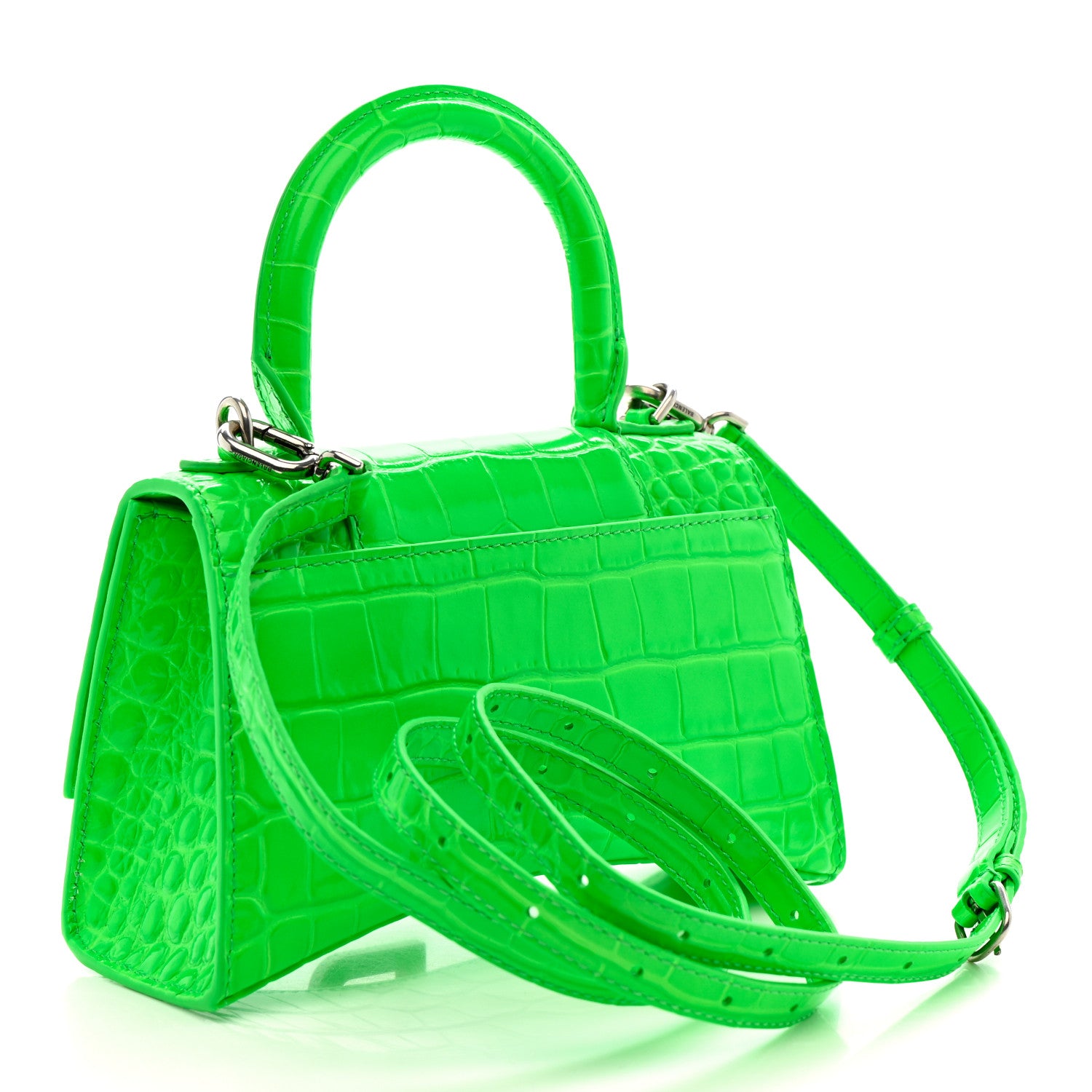 Balenciaga Shiny Calfskin Strass Crocodile Embossed Hourglass Top Handle Bag XS Fluo Green 3 of 13