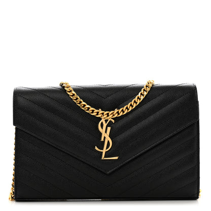 Saint Laurent Grain De Poudre Matelasse Chevron Monogram Chain Wallet Black 1 of 11