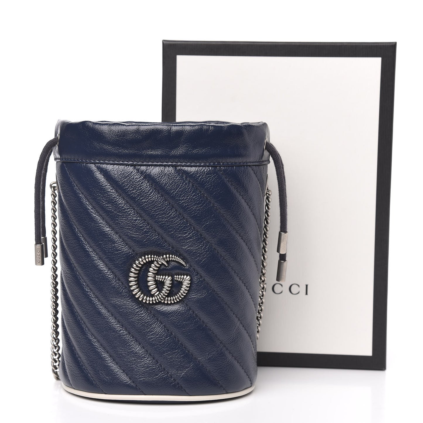 Vintage Effect Calfskin Matelasse Diagonal Mini Torchon GG Marmont 2.0 Bucket Bag Blue Agata Mystic White
