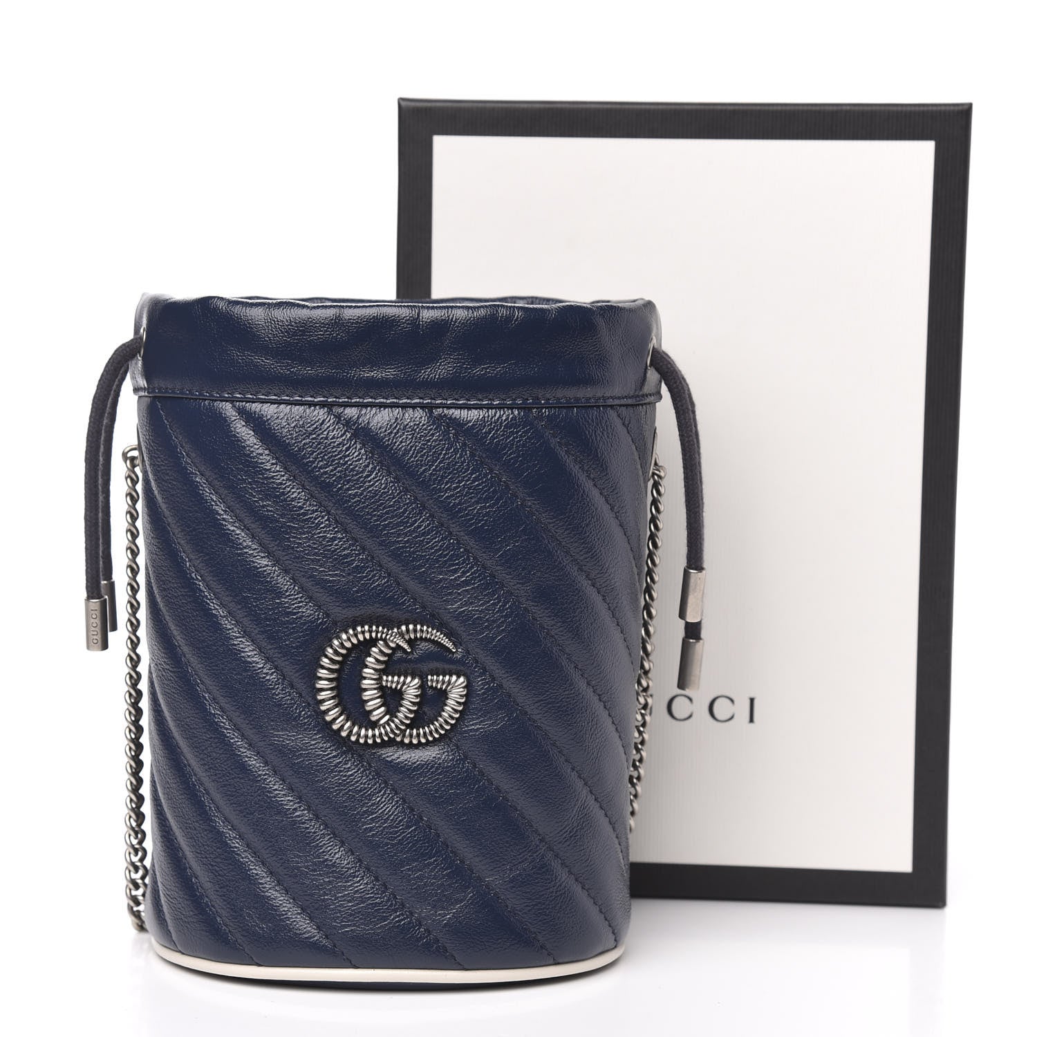 Gucci Vintage Effect Calfskin Matelasse Diagonal Mini Torchon GG Marmont 2.0 Bucket Bag Blue Agata Mystic White 9 of 10