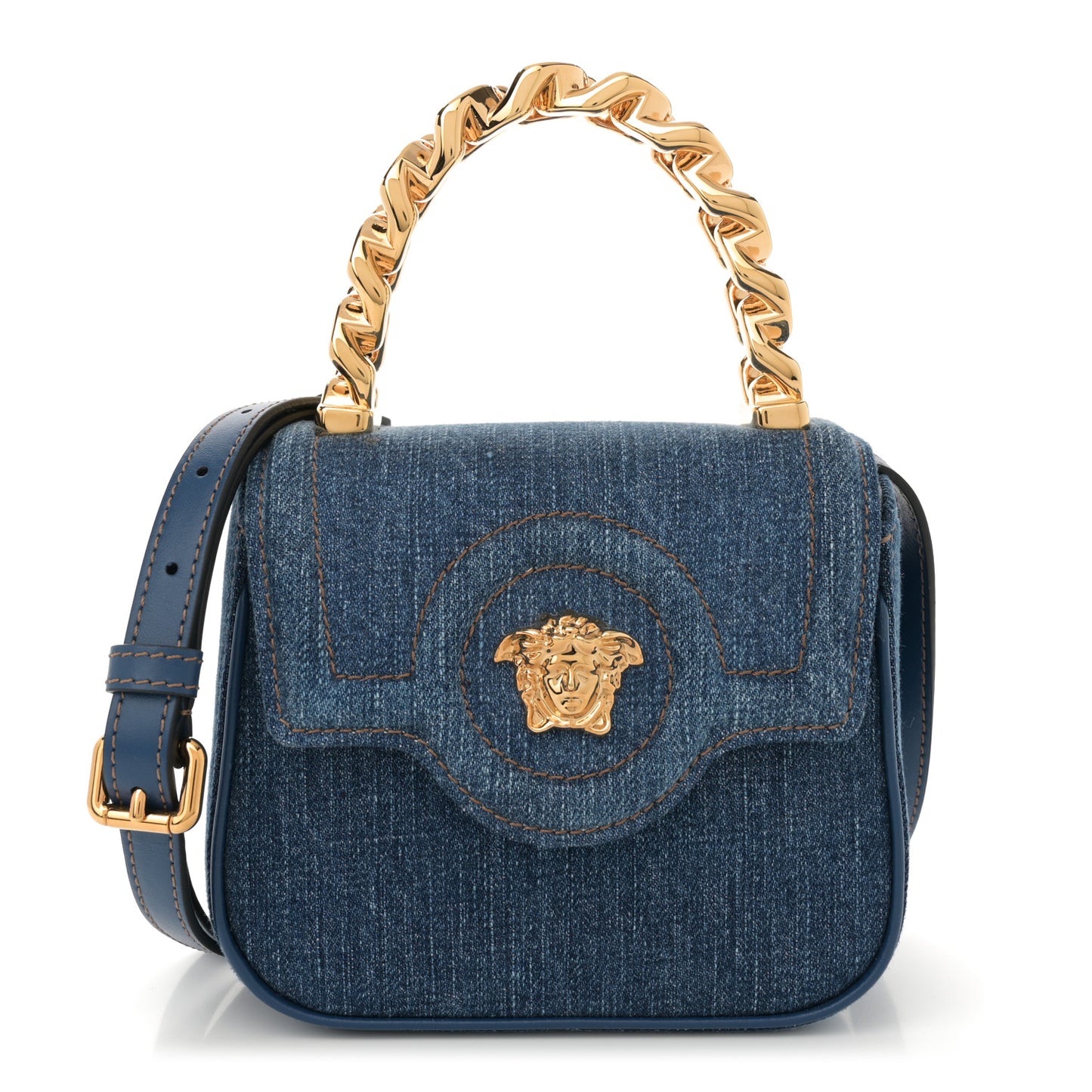 Denim Mini La Medusa Chain Top Handle Bag Navy Blue