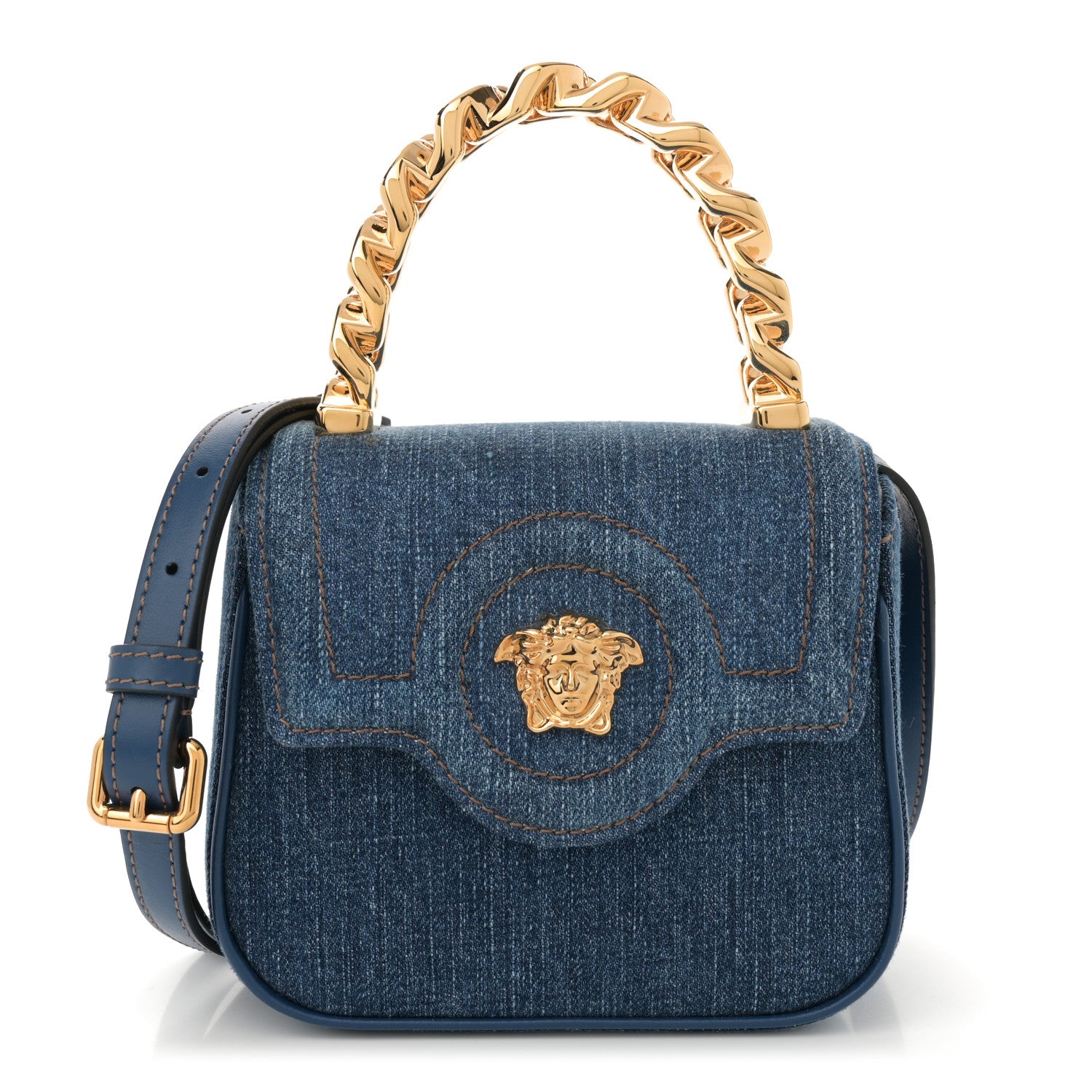 Versace Denim Mini La Medusa Chain Top Handle Bag Navy Blue 1 of 10