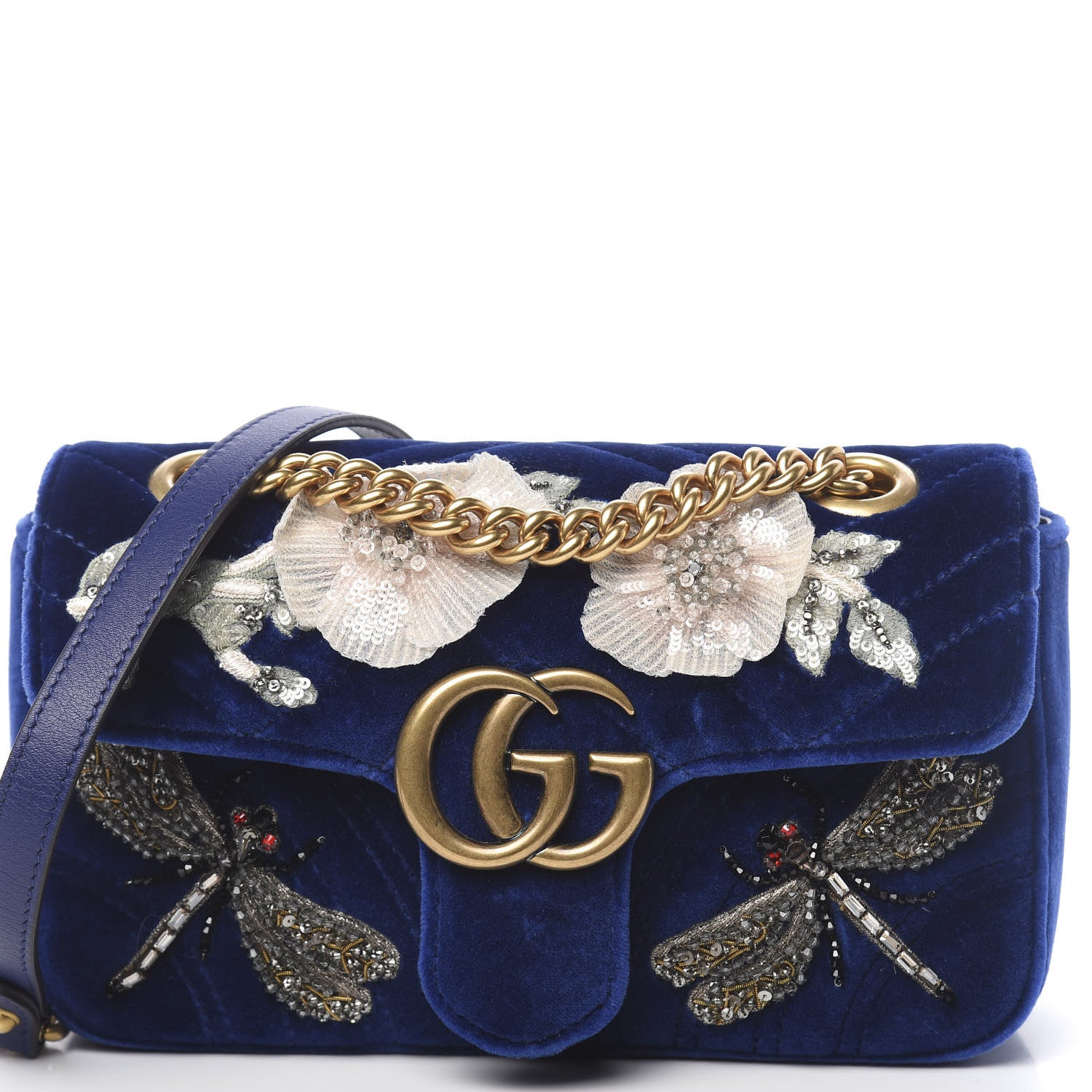 Gucci Velvet Matelasse Embroidered Mini GG Marmont Shoulder Bag Cobalt Blue 10 of 13