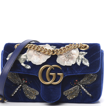 Gucci Velvet Matelasse Embroidered Mini GG Marmont Shoulder Bag Cobalt Blue 10 of 13