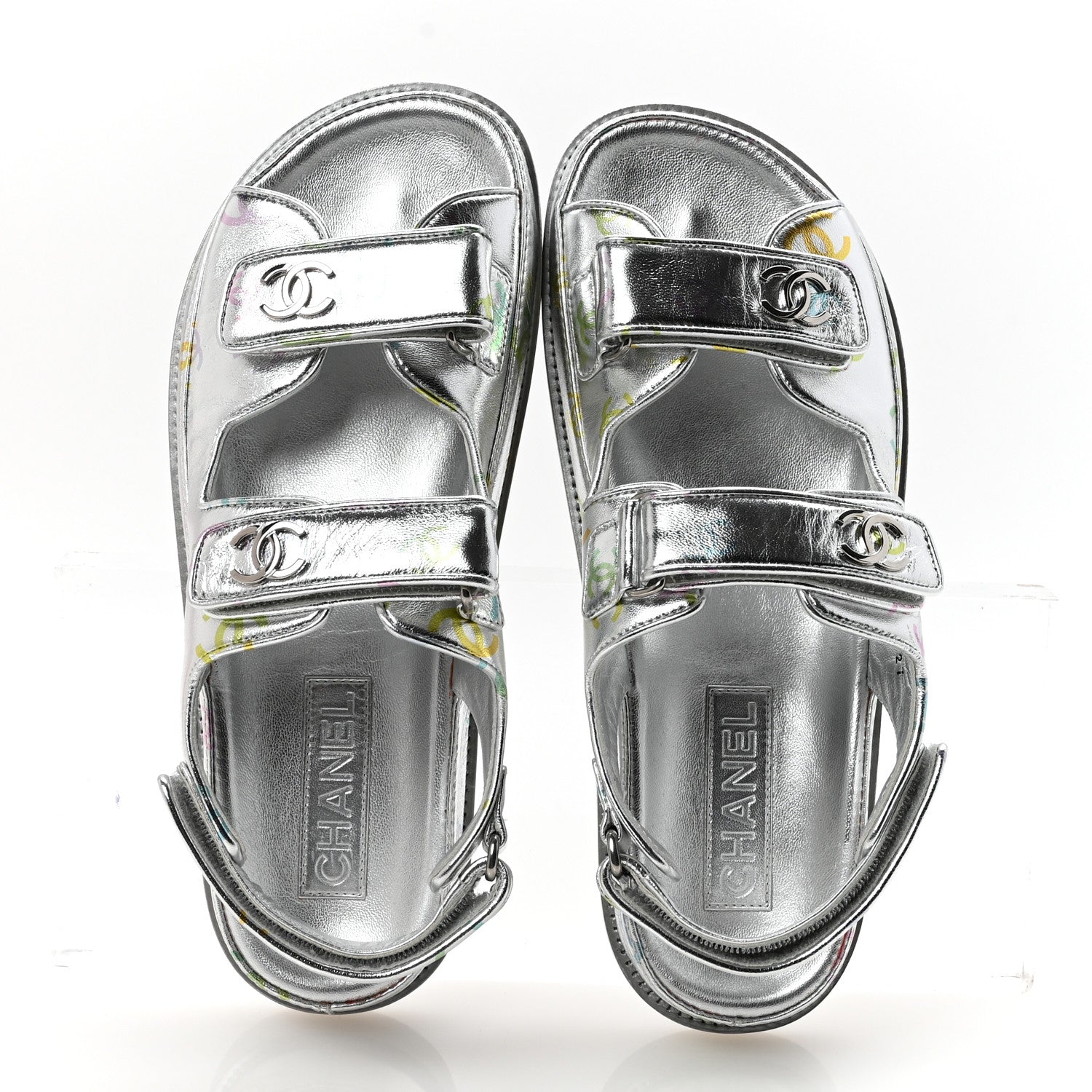 Chanel Laminated Lambskin Printed CC Dad Sandals 39 Silver Multicolor 2 of 9