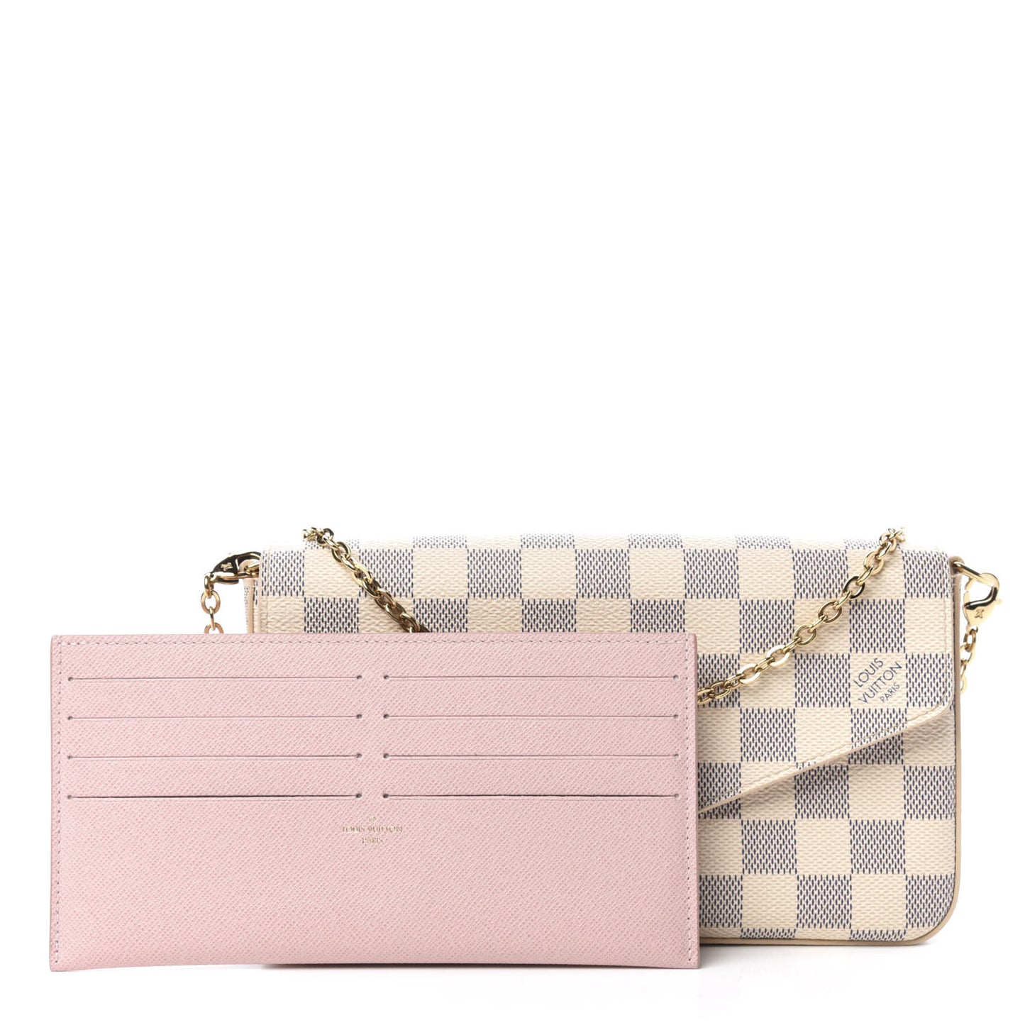 Damier Azur Pochette Felicie Chain Wallet Rose Ballerine