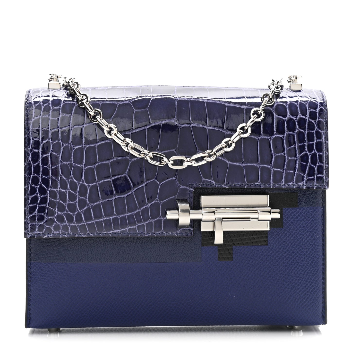 Epsom Shiny Alligator Mini Verrou Chaine Bag Bleu Encre Black