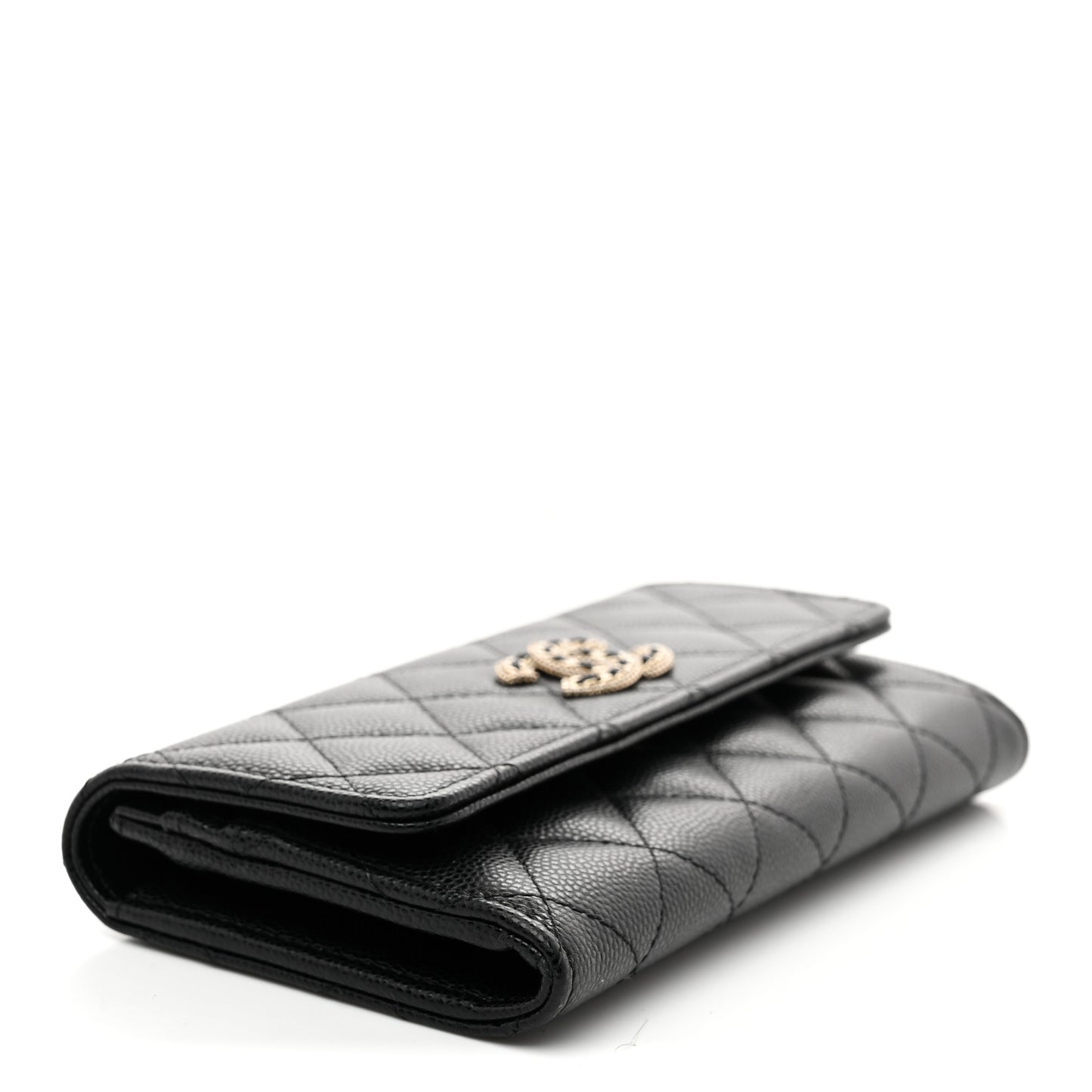 Caviar Quilted Crystal CC Large Gusset Flap Wallet Black