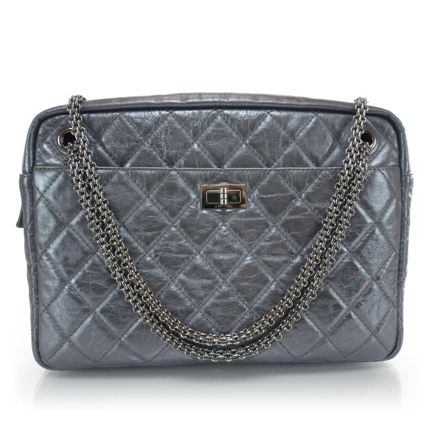 Metallic Aged Calfskin Quilted Large Reissue Camera Case Silver