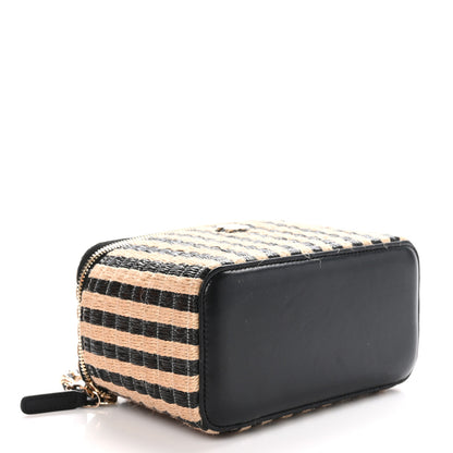 Chanel Raffia Jute Striped Small Vanity Case With Chain Black Beige 4 of 10