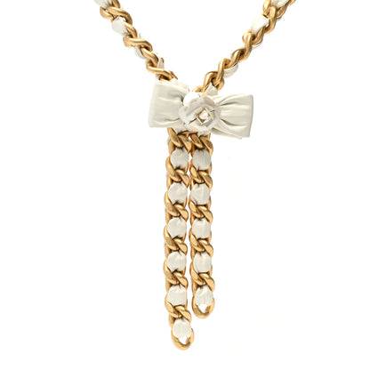 Chanel Calfskin Chain Camellia Bow Necklace Gold White 1 of 8