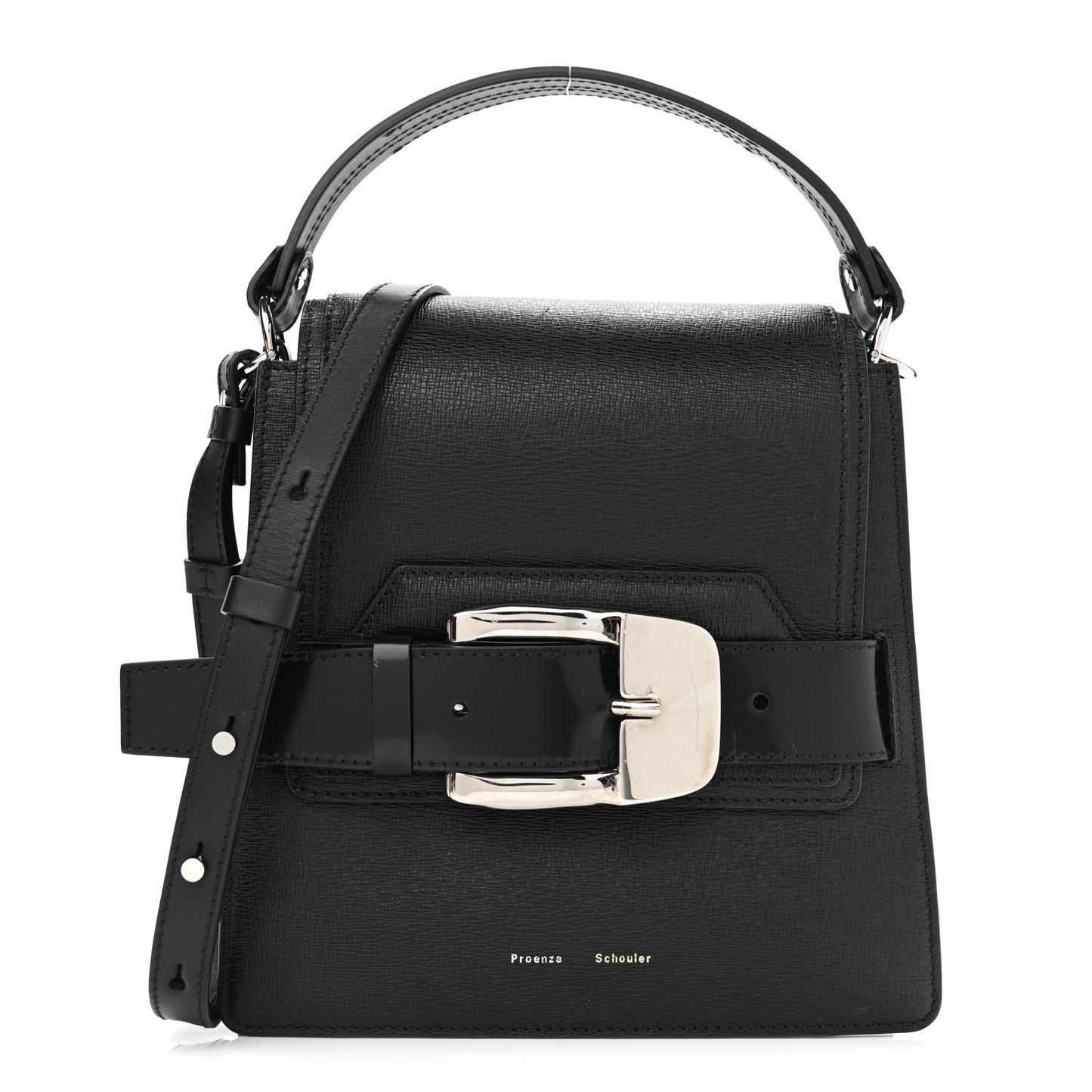 Embossed Grained Calfskin Buckle Trapeze Bag Black