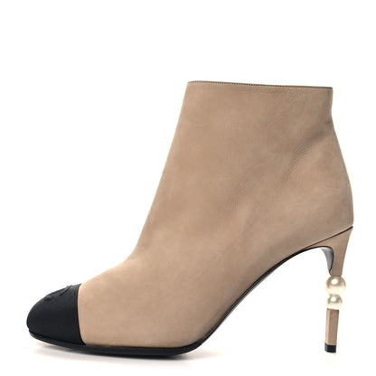 Chanel Suede Grosgrain Pearl Ankle Boots 40.5 Beige 1 of 8