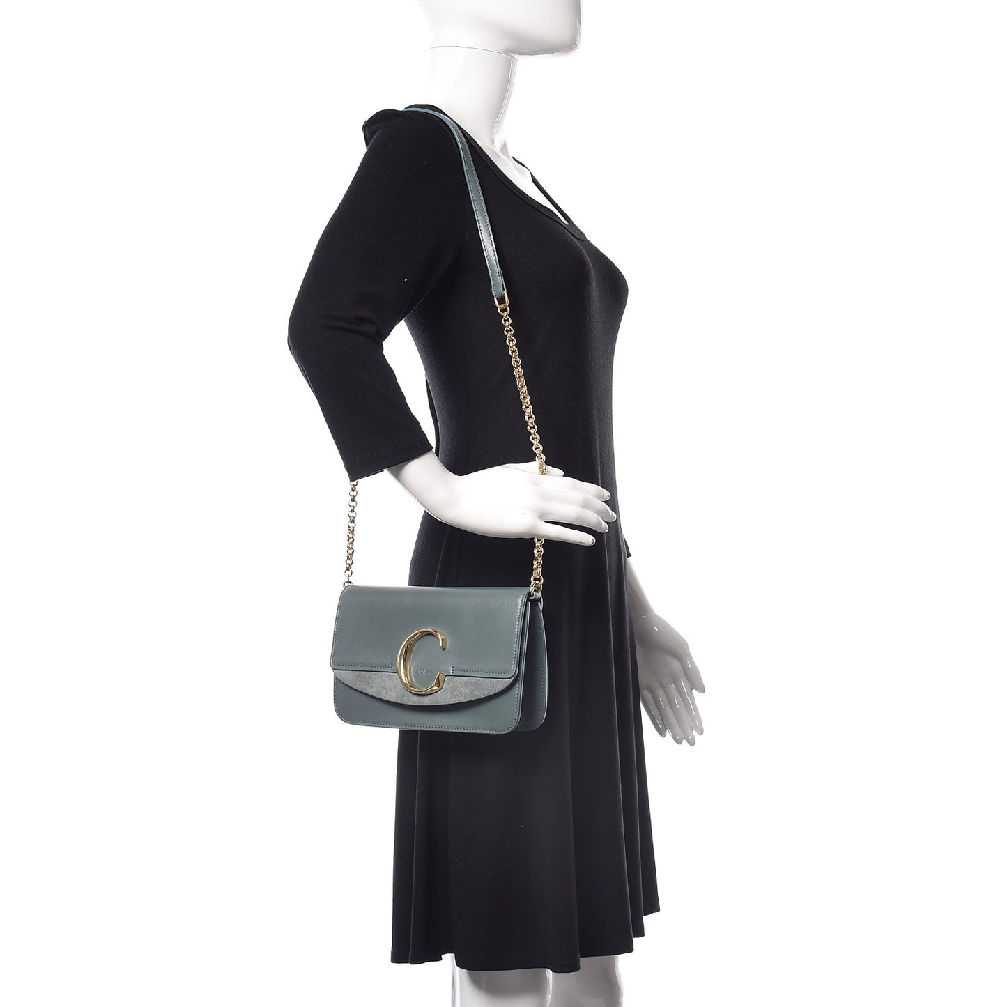 Calfskin Suede C Clutch With Chain Cloudy Blue