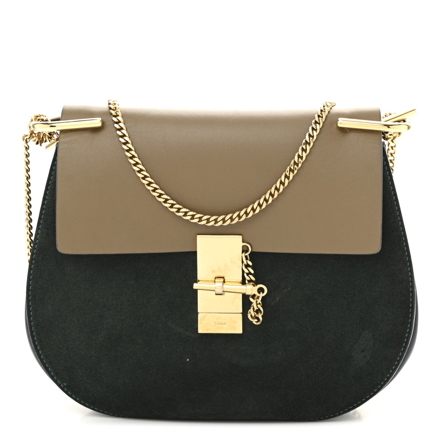 Chloe Suede Smooth Calfskin Drew Shoulder Bag Intense Green Brown 1 of 10